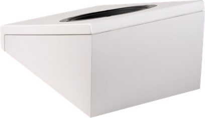 Dolby Atmos-luidspreker Magnat ATM 202, perspectiefweergave, witte driehoekige behuizing, zwarte ingebouwde luidspreker aan de bovenkant