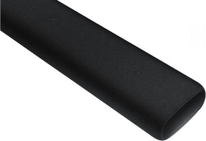 Samsung HW-S60A/ZF sort soundbar, tæt ovenfra på den afrundede ende, overflade med vævet stof