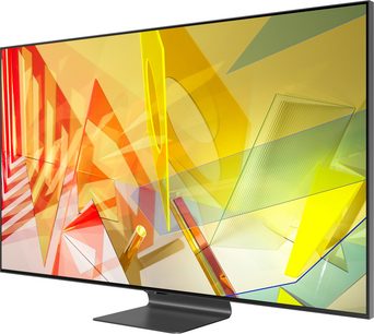 Televizor Samsung QE55Q95T 2020 s plochou obrazovkou, pohled zepředu v mírném podhledu, zobrazující barevné geometrické tvary