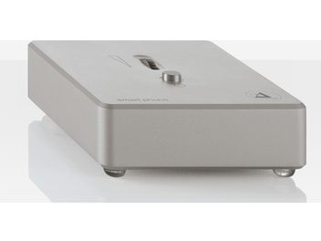 Preamplificatore fonografico ClearAudio Smart Phono V2 argento, vista dall'alto, case rettangolare in metallo argentato, manopola e connettori