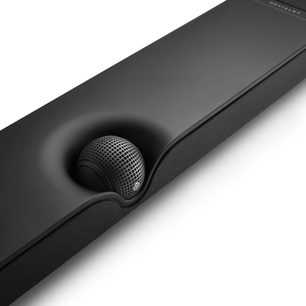 Звукова лента DEVIALET DIONE черна, изглед отгоре, издължен правоъгълен формат, черна решетка, централен кръгл микрофон