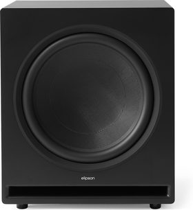 Subwoofer Elipson Premium Sub 15 v matné černé barvě, dřevěná skříň, kulatý reproduktor a přední basreflex, pohled zepředu