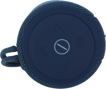 Bluetooth-højttaler Yourban Getone 30 blå MK2, set fra oven, cirkulær form, tekstureret overflade, synlige symbolske knapper