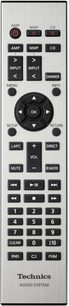 Telecomandă audio Technics cu butoane pentru controlul volumului, selectarea intrării, navigarea în meniuri și tastatură numerică