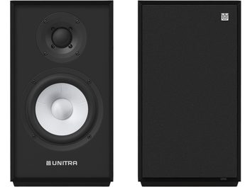 Unitra ZGB-401 hyldehøjttalere i sort, set forfra, den ene højttaler med hvidt kegle-tweeter og woofer, den anden med stofgrill