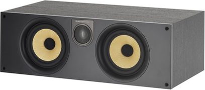 Bowers & Wilkins HTM62 S2 midterkanal i sortbejdset eg, frontvisning, 2 gule mellemtoneenheder, grå centraldiskant