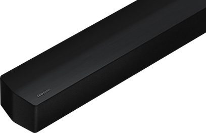 Samsung HW-B450/ZF sort soundbar, set forfra i perspektiv, aflang rektangulær form med afrundede kanter