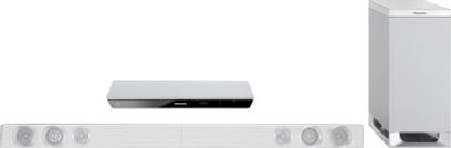 Panasonic SC-BTT230EFS sort soundbar, set forfra, med subwoofer og Blu-ray-afspiller, på hvid baggrund