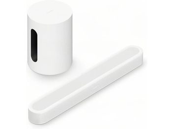 White Sonos Beam Ultra and Sub Mini bundle, compact soundbar and cylindrical subwoofer seen from above
