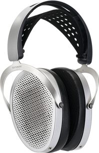 Auriculares hifi abiertos Hifiman Edition XV, metal plateado, rejillas alveoladas, diadema perforada, almohadillas negras, vista en tres cuartos
