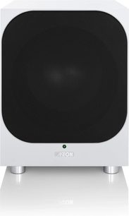 Canton Power Sub 12 S2 subwoofer i mat hvid, set forfra, med stor sort frontgrill og sølvfarvede cylindriske fødder