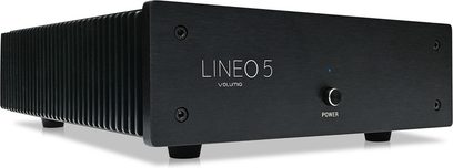 Elektronsko ločeno napajanje HI-FI Volumio Lineo5, pogled pod kotom, črno ohišje, osrednji gumb, 4 vijaki, vidne nogice