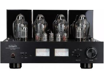 Integreret stereo-rørforstærker Line Magnetic LM-170IA sort, set forfra, med store rør og to VU-metre
