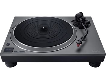 szara gramofonowa płyta Technics SL-1500CS z napędem bezpośrednim, czarny rowkowany talerz i ramię w kształcie litery S z czerwoną wkładką