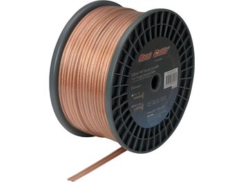 Průhledná měděná audio kabelová cívka Real Cable FL250T, oranžový plášť, na bílém pozadí