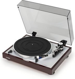 Gramofon Thorens TD 403 DD, lakovaný ořech, průhledný protiprachový kryt, raménko, černý talíř, dřevěná základna