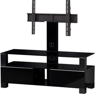 Sort TV-møbel med 2 glashylder, 2 lukkede rum, central TV-holder og 2 lodrette sidestolper
