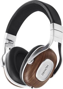 Denon AH-MM400 zwarte en zilveren hoofdtelefoon, houten oorschelpen, gevoerde hoofdband, driekwartaanzicht van links
