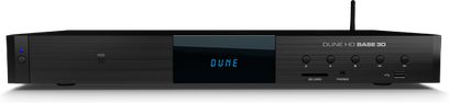 Dune HD BASE 3D sort netværksaudioafspiller, frontvisning, frontpanel med blå skærm, knapper og stik