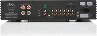 Integreret stereo hi-fi forstærker Musical Fidelity M5si sort, bagsidevisning, RCA-stik, USB, højttalerterminaler, IEC-strømforsyning