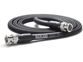 Naim DC1 black digital coaxial cable, male BNC connectors, braided sheath, close-up view
