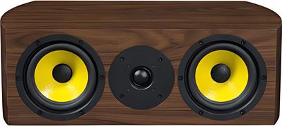 Davis Acoustics MV HD træhøjttaler til center, front med to gule højttalere og en sort diskant i midten