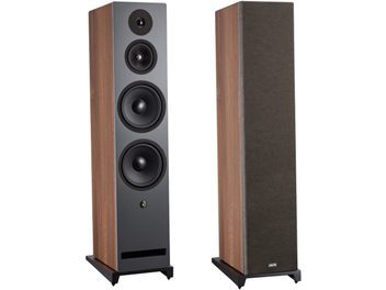 Altavoz de columna Krypton 10 Classik (nogal), vista frontal y en tres cuartos, panel frontal negro con 4 altavoces y rejilla desmontable