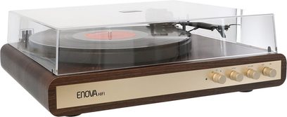 Giradischi hi-fi Enova HIFI VELA VP2 con chassis rettangolare in finitura legno, coperchio trasparente, piatto nero, pulsanti dorati
