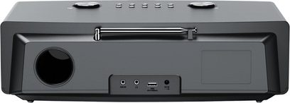 Kenwood CR-ST700SCD sort bordradio FM eller digital internet, set bagfra, 2 cirkulære knapper, 5 rektangulære knapper, 1 metalhåndtag, 1 USB-port, 1 AUX IN-stik, 1 DC IN-stik, 1 cirkulær ventilationsåbning
