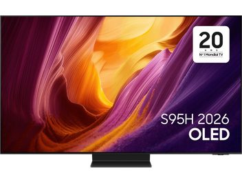 Samsung TQ65S95H OLED-televisie vooraanzicht met dun scherm en abstract oranje-paars-roze beeld