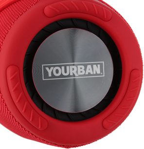 Bluetooth-højttaler Yourban Getone 45 rød, set forfra, sølvfarvet cirkulær overflade med logo, rød tekstureret kant