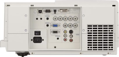 Projektor Mitsubishi FL6900U, zadní pohled, audio/video konektory, porty VGA, DVI-D, RS-232C, audio výstupy, ventilační mřížka