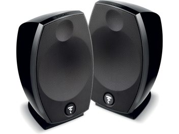 Focal Sib Evo 2.0 Lautsprecher schwarz, Vorderansicht, zwei kompakte schwarze Lautsprecher mit sechseckigen Metallgittern