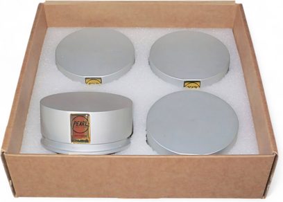 Amortiguador Pearl Evolution ISOL-Coupling 2.0, vista desde arriba, 4 discos plateados en caja de cartón con espuma blanca