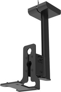 Supporto da soffitto nero per diffusore acustico, in metallo, con staffa a muro verticale e supporto orizzontale girevole e bloccabile