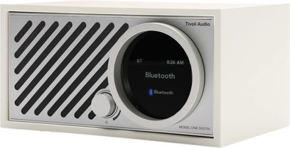 Tivoli Model One Digital bordradio i hvid/sølv, metalfront, cirkulært Bluetooth-display, diagonalt gitter