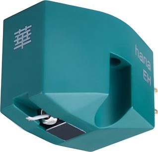 Green teal plastic Hana EH vinyl turntable cartridge, three-quarter front right view, angular block with partially visible white stylus underneath and gray side inscriptions including an ideogram