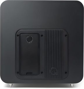 Q Acoustics Q SUB120 matte black subwoofer, cube-shaped enclosure with rounded corners, metal rear panel featuring a control knob, vertical finned heatsink, and conical feet, full rear view