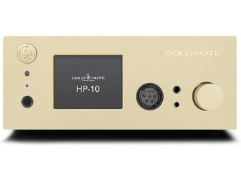 Kõrglahutusega kõrvaklappide eelvõimendi HP-10 Deluxe kuld, esivaade, ristkülikukujuline kuldviimistlusega korpus, must keskekraan, paremal ühenduspesad ja pöördnupp.