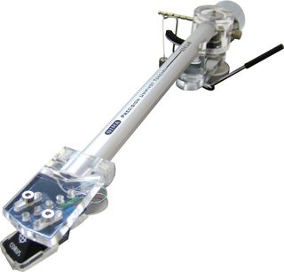 Roksan Nimas læsearm monteret på Roksan Radius 7 pladespiller, set fra siden, aluminiumsarm, gennemsigtig pickup