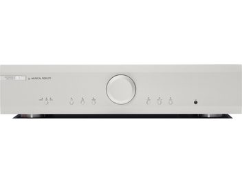 Ampli hi-fi integrált sztereó Musical Fidelity M3si ezüst színben, téglalap alakú homlokpannellel, középső kör alakú gombbal és 8 sorban elrendezett gombbal