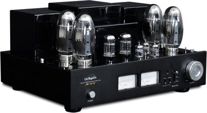 Line Magnetic LM-150IA sort rørforstærker, frontvisning, 6 vakuumrør, knapper og stik på forsiden