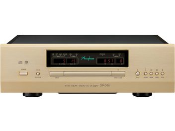 Accuphase DP-570 korkealaatuinen CD-soitin, etunäkymä, kultainen viimeistely, keskellä näyttö, pyöreät ja suorakulmaiset painikkeet