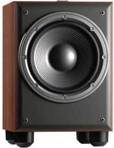 JBL E150P cherry subwoofer, front view, cylindrical shape, central black speaker, circular metal grille, dark wood enclosure
