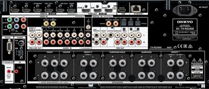 Onkyo TX-RZ3400 sort hjemmebiografsforstærker, frontpanel, mange stik og knapper, digitalt display, forfra