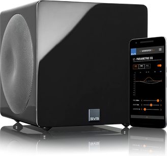 SVS 3000 Micro negru, caisson de bass compact, lăcuit, cu ecran de control și setări parametrice, vedere frontală