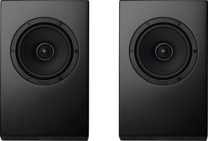 Dolby Atmos-højttalere Magnat ATM 202 sort satin, frontvisning, rektangulær form, centralt placerede cirkulære højttalere, sorte kanter