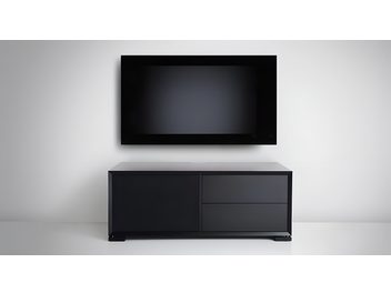 TV skrinka Clic Classic Series model 221-2, matná čierna, nešpecifikovaný hladký materiál, pohľad spredu, ľavé dvierka, dve zásuvky vpravo