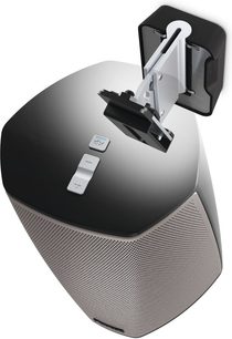 Vogel's SOUND 5201 sort højttaler-fod, set forfra i perspektiv, oval base, skråt lodret stativ med topmontering