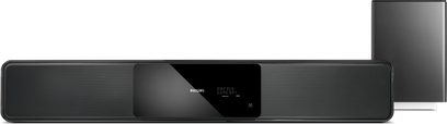 Philips HTS-6120 sort soundbar, set forfra, med centralt LCD-display der viser "802 356" og en højttaler i hver ende